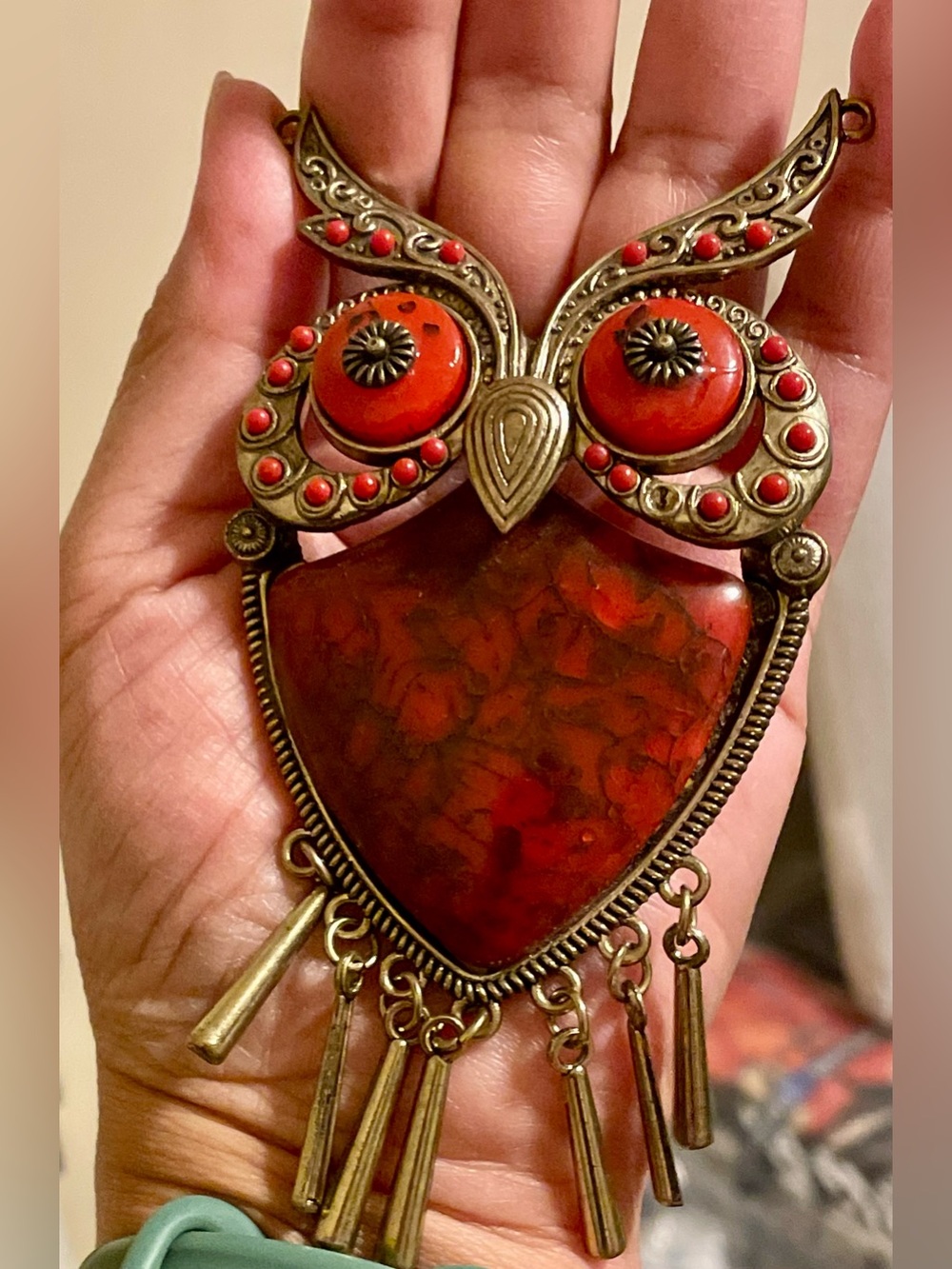 Boho Red Owl Pendant Necklace with Antique-Gold Accents